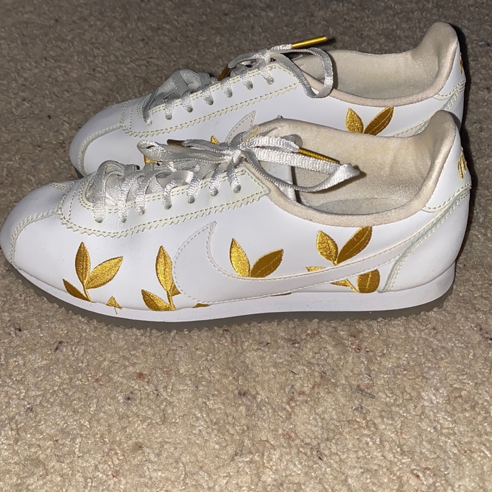 Nike Cortez white gold leaf shoes